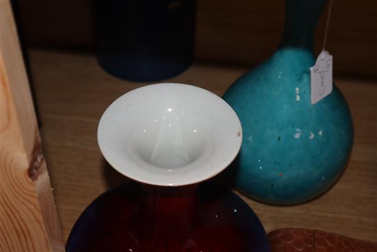 A turquoise glazed art pottery vase, a Chinese flambe vase and two studio pottery vessels